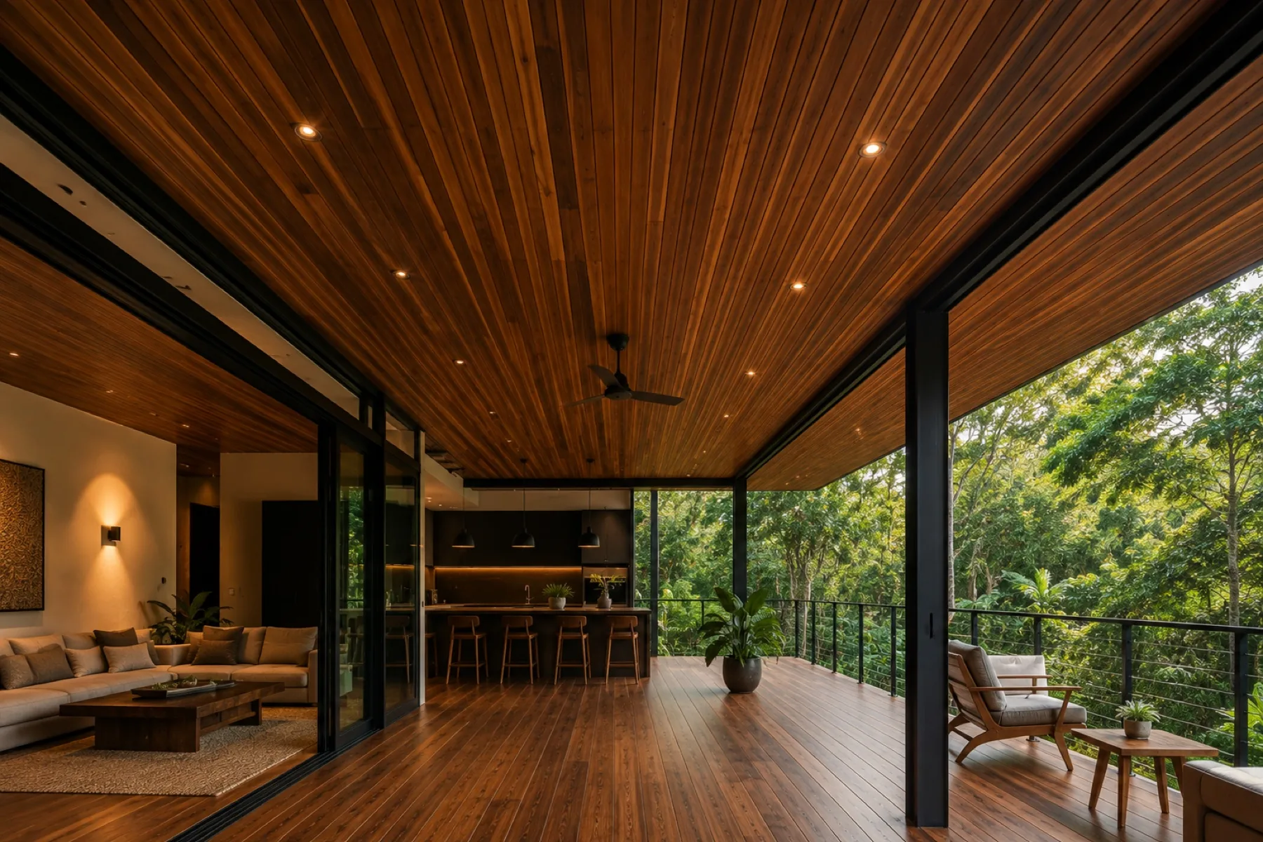 Arquitectura de madera con listones verticales e iluminacion calida