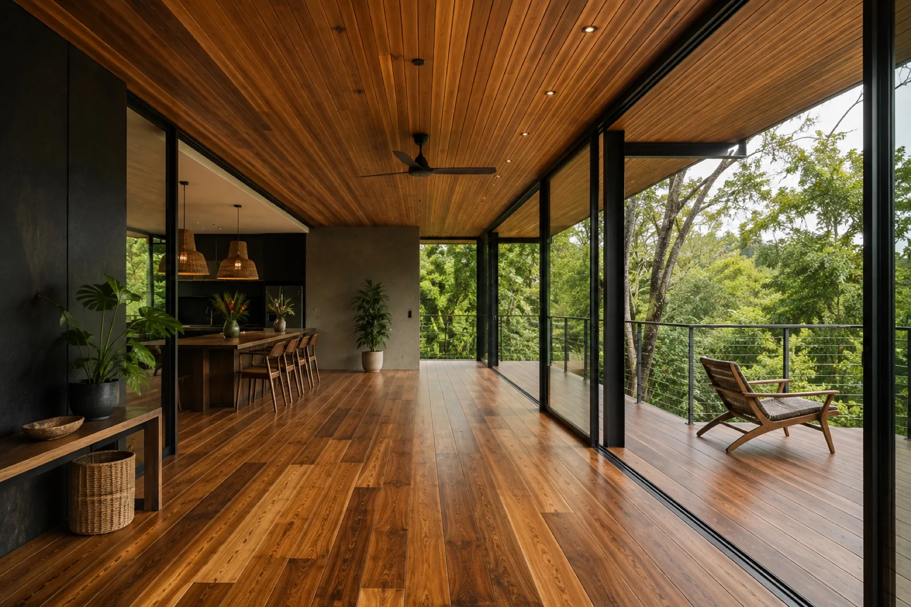 Cielo de madera en interior abierto a terraza