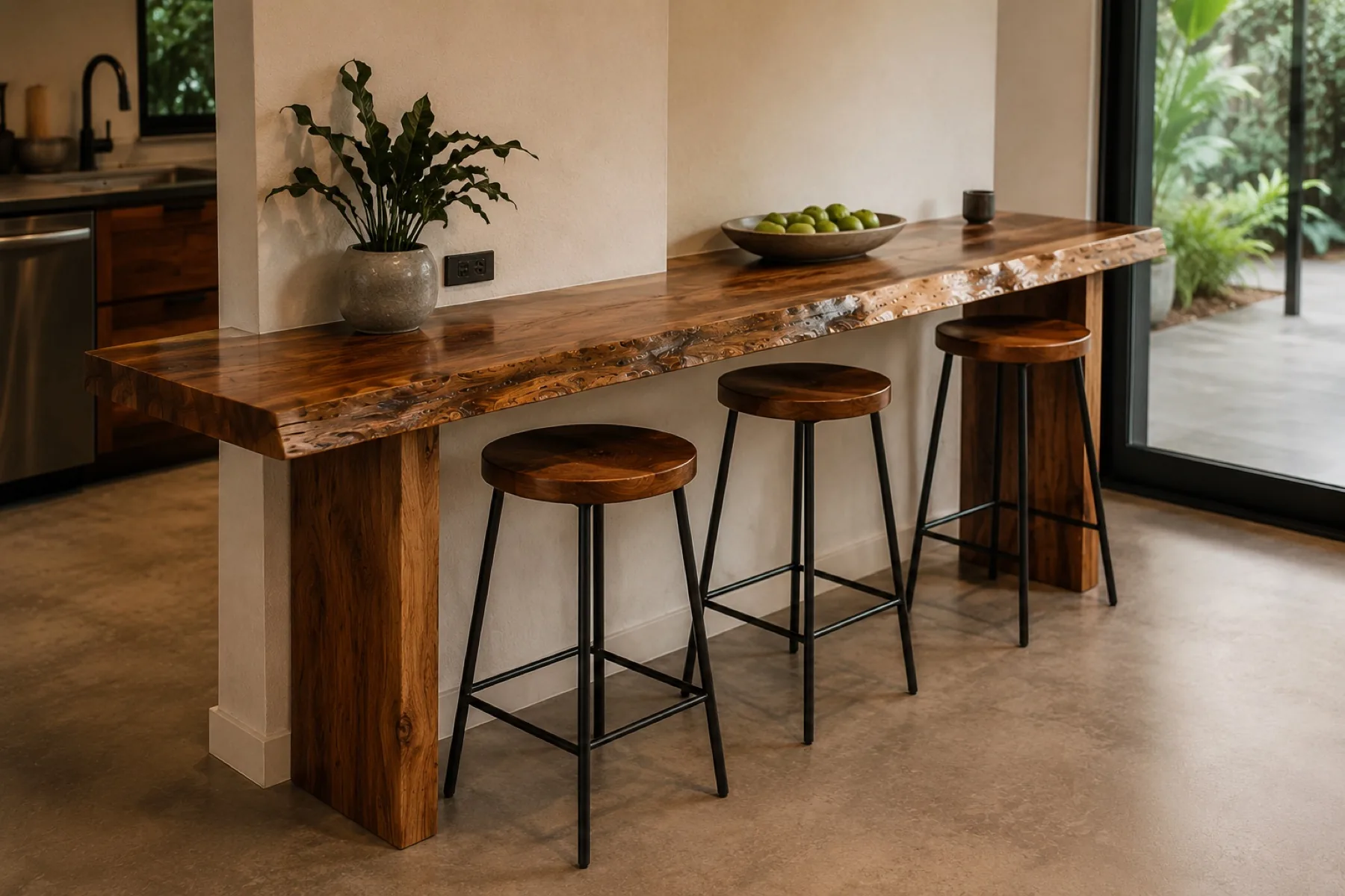 Mesa bar de madera con bancos en cocina