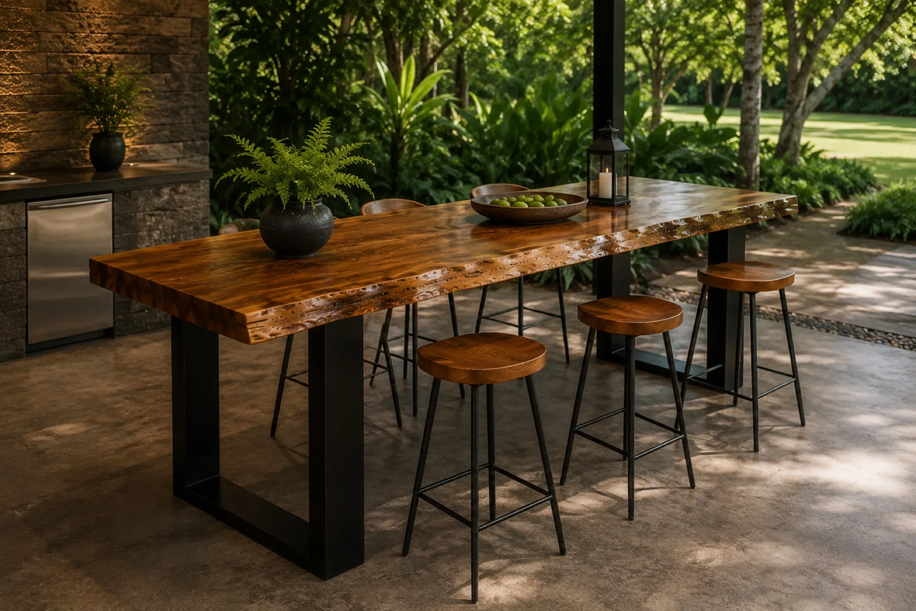 Mesa bar exterior con bancos de madera