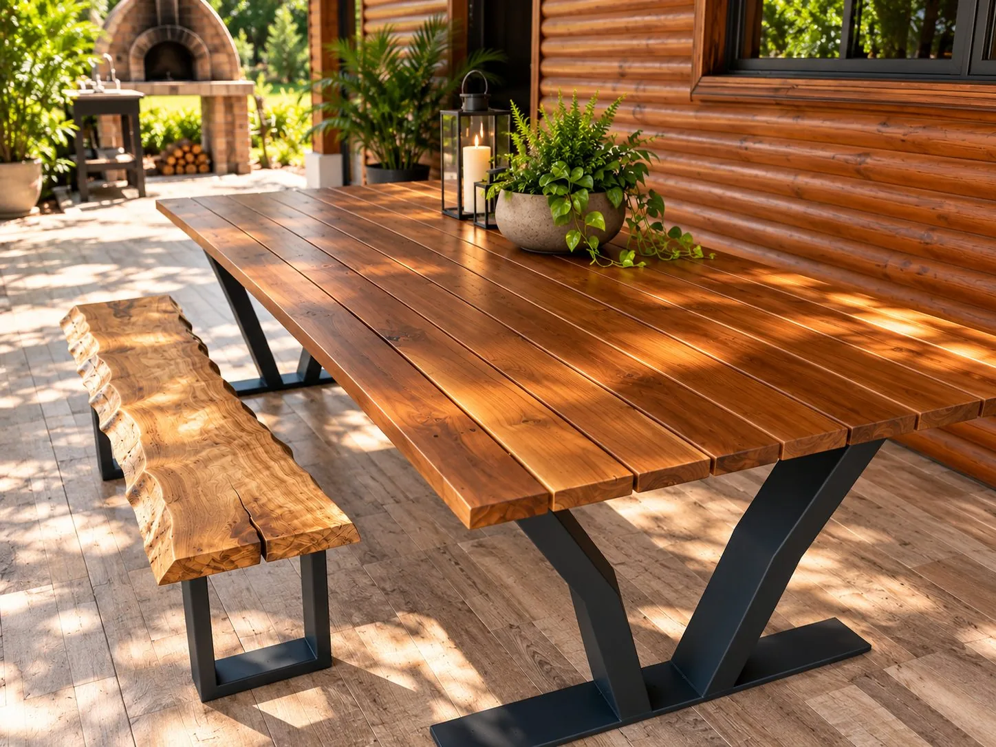 Mesa de comedor exterior de tablones sobre base de acero en V, en terraza