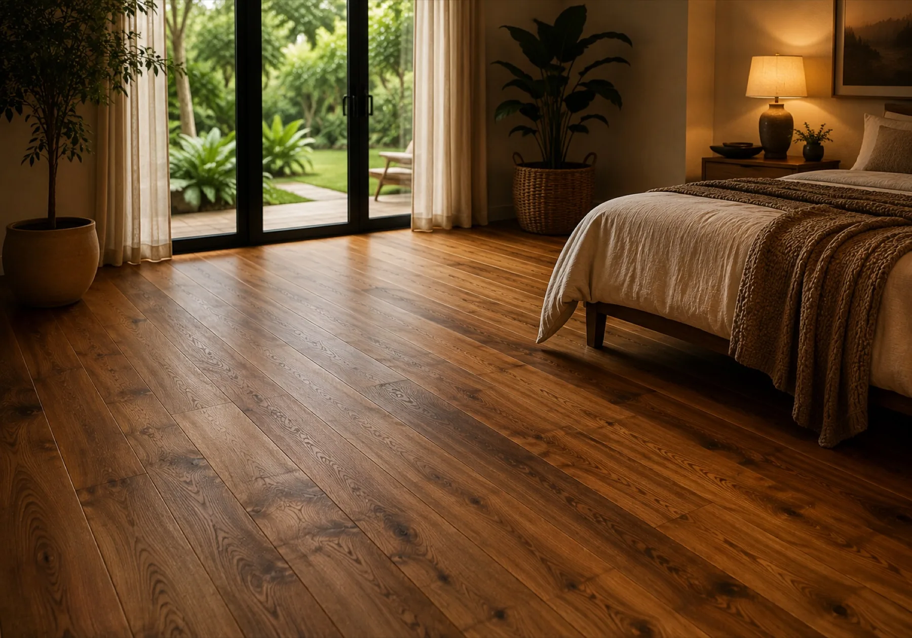 Piso de madera en dormitorio cálido